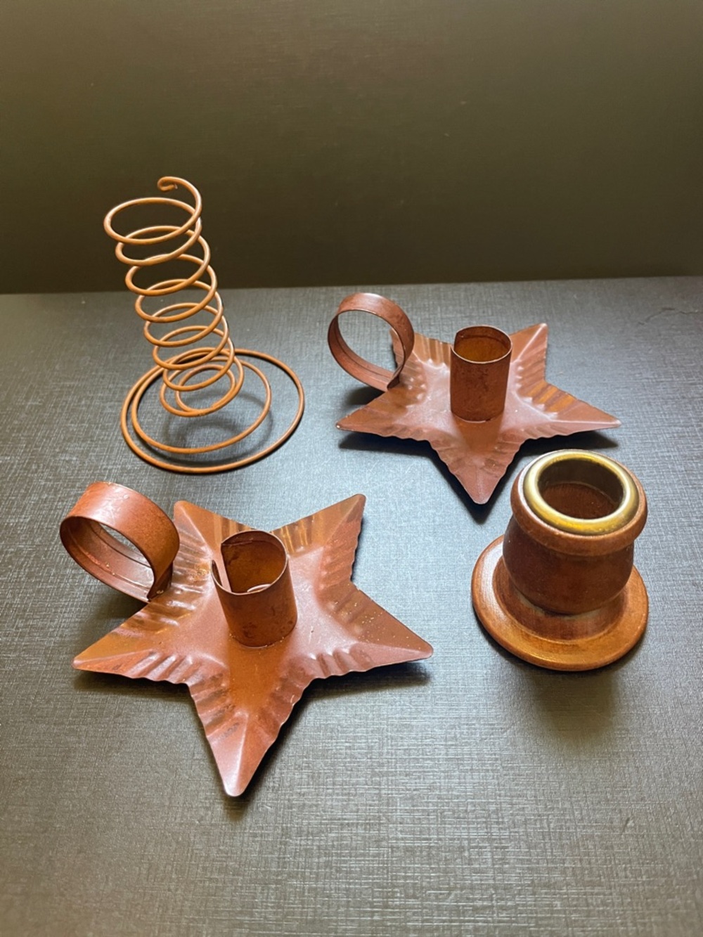 Set of 4 Rustic Metal & Wood Candle Holders Taper Peg Votive Star Spring